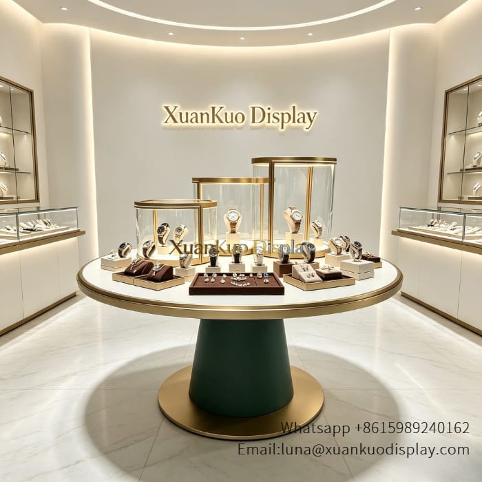 round island display table and glass showcases for high-end retail showroom