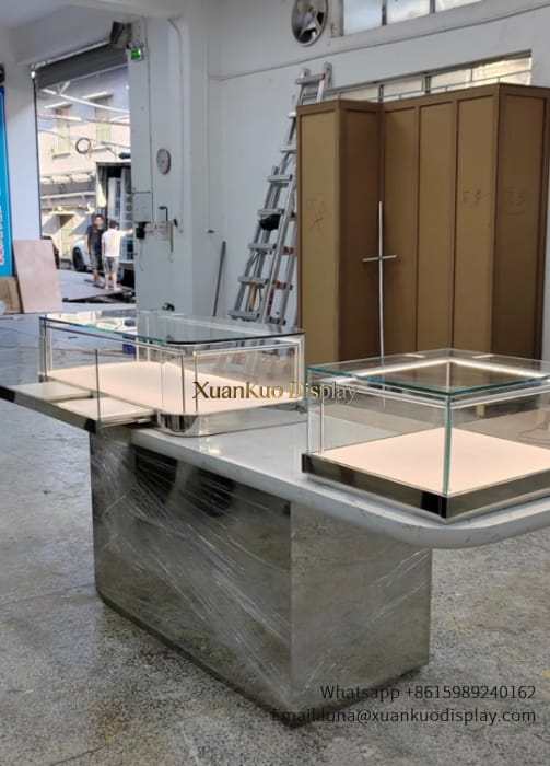 modular retail display systems, flexible combined island display furniture, concrete texture modular jewelry showcase for retail store