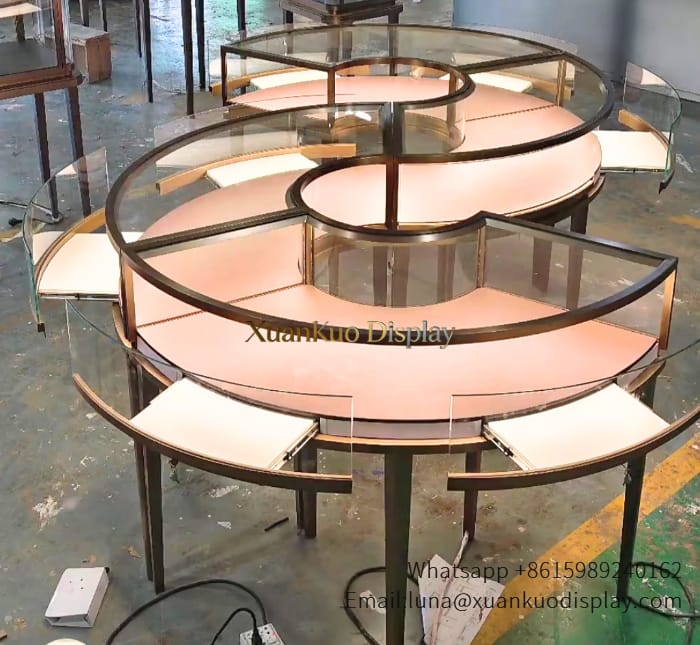 glass jewellery display cabinets modern jewelry store interior design, custom S shape island jewelry display set for fine jewelry retail shop