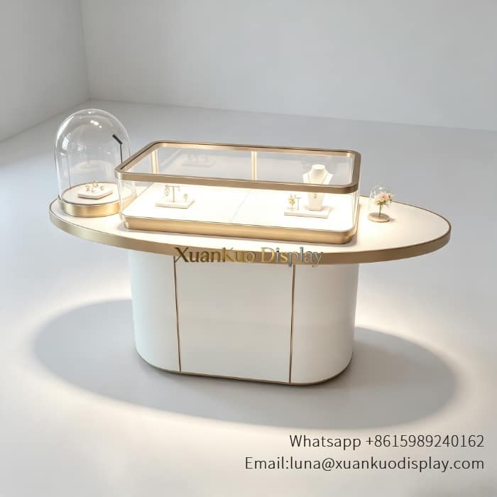 jewellery shop interior design Vietnam high end jewelry display cases, oval island jewellery showcase with gold trim, clear glass top and glass dome for premium boutique