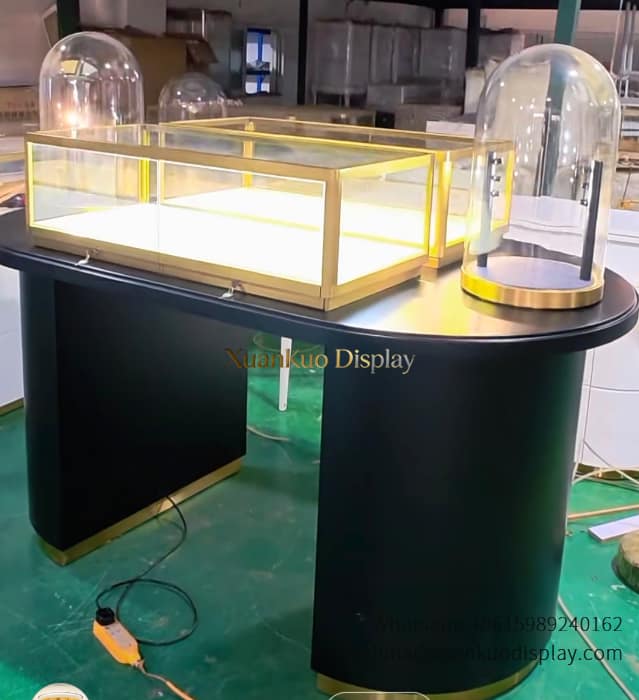 glass jewellery display cabinets countertop jewelry display cases, modern island counter showcase with gold framed glass cabinet for luxury watch and jewellery display