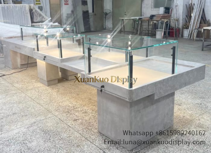 jewellery shop interior design Vietnam modular retail display systems, custom modular jewelry island showcase with LED, modern modular glass display counter for jewelry shop, flexible combined retail jewelry display fixtures
