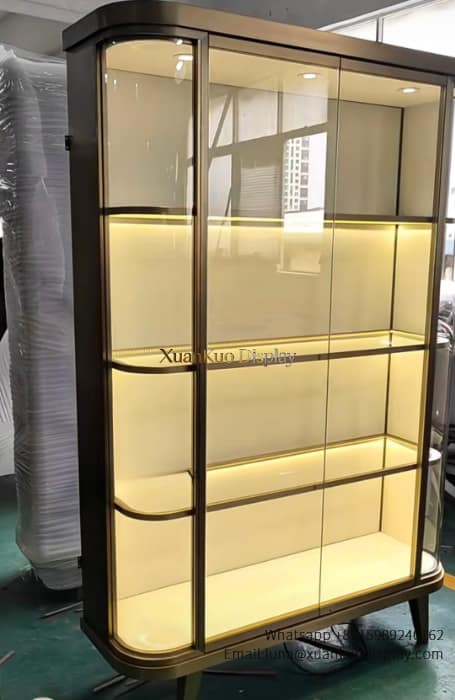Curved Glass Jewelry Display Cabinet With Tiered LED Lighting