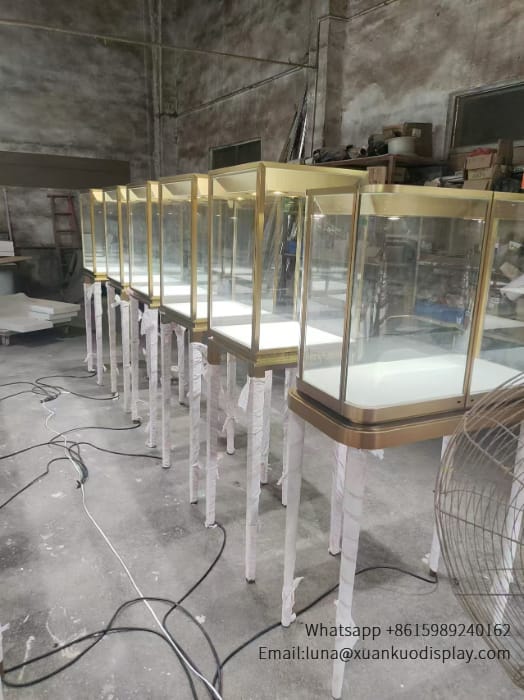 gold metal tall leg store display cases retail jewelry glass counter stand