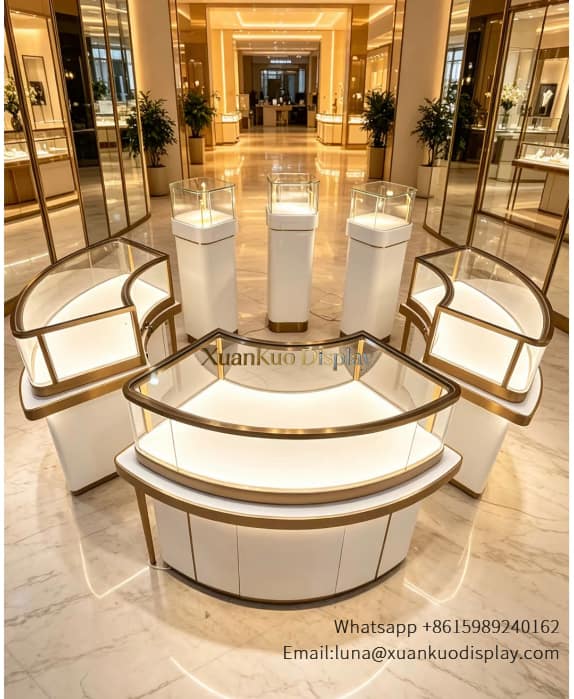 Luxury Curved Jewelry Display Counter with Gold Trim & LED Island Showcase