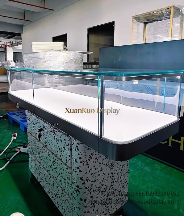 glass jewellery display cabinets jewellery showcase led glass display terrazzo base factory.webp