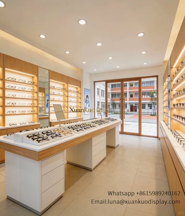 custom optical display furniture, backlit eyewear wall counter for optical shop