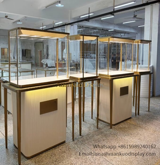 tall lockable glass showcase with top led light for luxury jewelry boutique