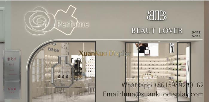 perfume bottle display wall stand with backlit sign