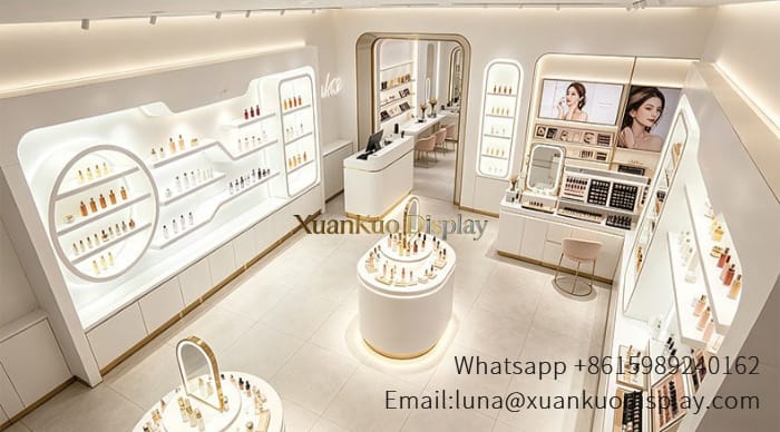 skincare store design white led display wall