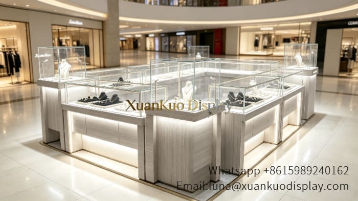 jewellery shop interior design Vietnam jewelry kiosk design light wood glass jewelry showcase