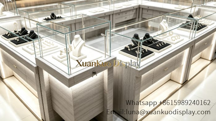 jewellery shop interior design Vietnam Custom wood grain glass LED jewellery mall kiosk retail booth for shopping mall