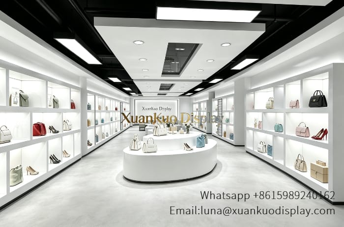 custom shoe display furniture white cubby wall showcase