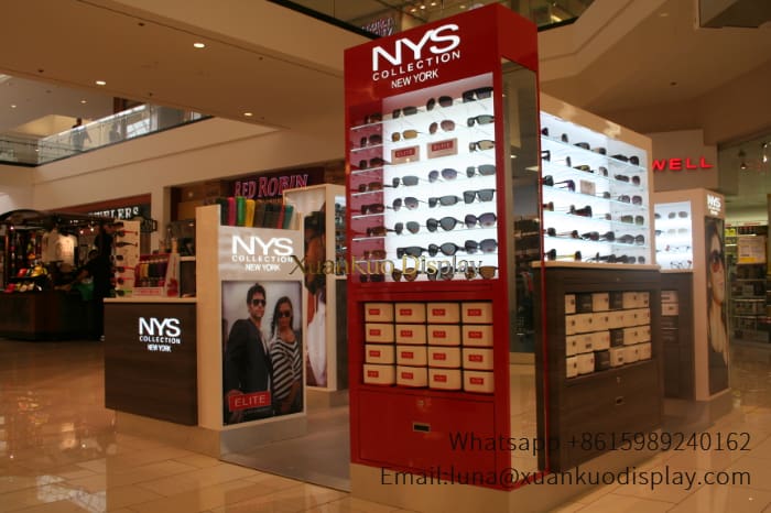 mall optical kiosk backlit slotted sunglasses display with advertising light boxes