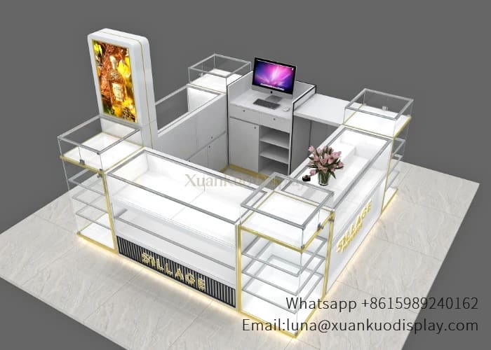 Custom white gold jewelry mall kiosk with LED light, tempered glass display counter for shopping mall jewelry retail