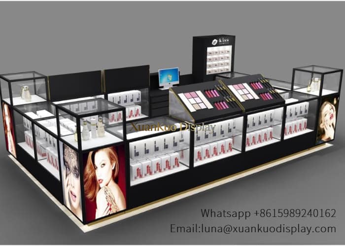 jewellery shop interior design Vietnam black gold custom fragrance kiosk glass showcase slotted lipstick counter digital screen mall booth