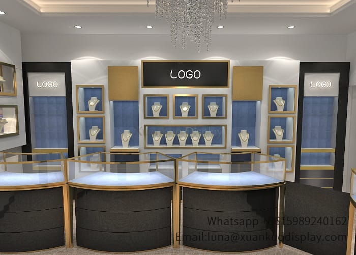 jewellery shop interior design Vietnam luxury wall mounted display shelf jewelry back wall cabinet with gold frame