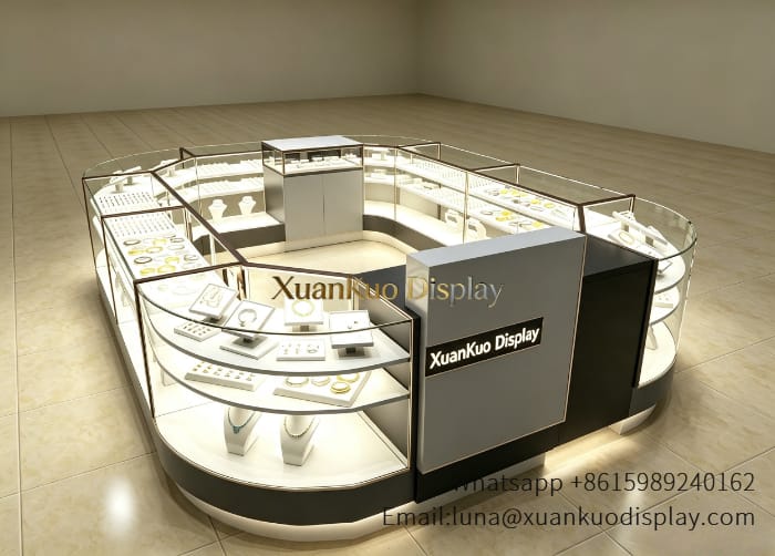 jewellery shop interior design Vietnam luxury mall jewelry kiosk curved glass jewellery display stall design