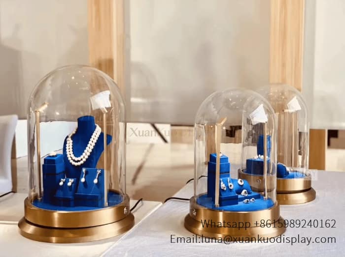 custom jewelry pedestal glass dome display case brushed gold base blue velvet with led spotlight