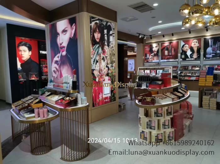 bronze metal frame curved makeup display cabinet double sided poster light box multi tier lipstick cosmetic island set