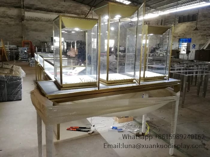 jewelry showcases three square vertical gold frame led glass display table (2)