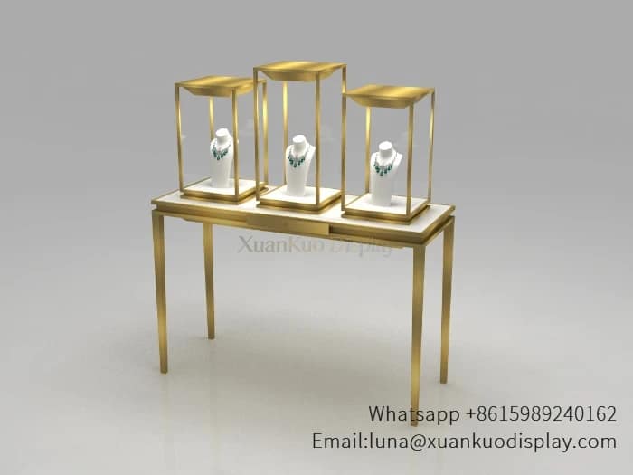 jewellery shop interior design Vietnam jewelry showcases with three square gold frame LED glass display table