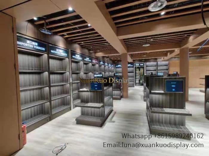 jewellery shop interior design Vietnam dark wood grain perfume showcase counter wall shelves with digital screen led sign retail store