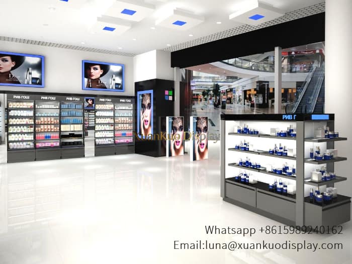 glass jewellery display cabinets grey frame custom skincare wall display shelves cosmetic retail store