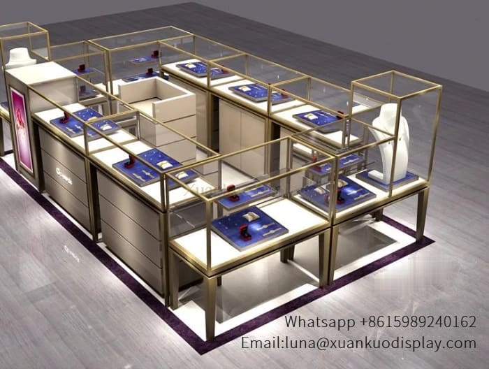 modular jewelry mall kiosk with glass showcase and storage cabinet