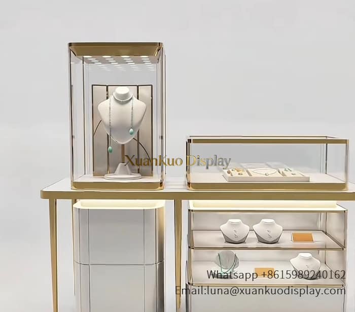 Floor standing glass showcase and locking storage cabinet for jewelry showroom display