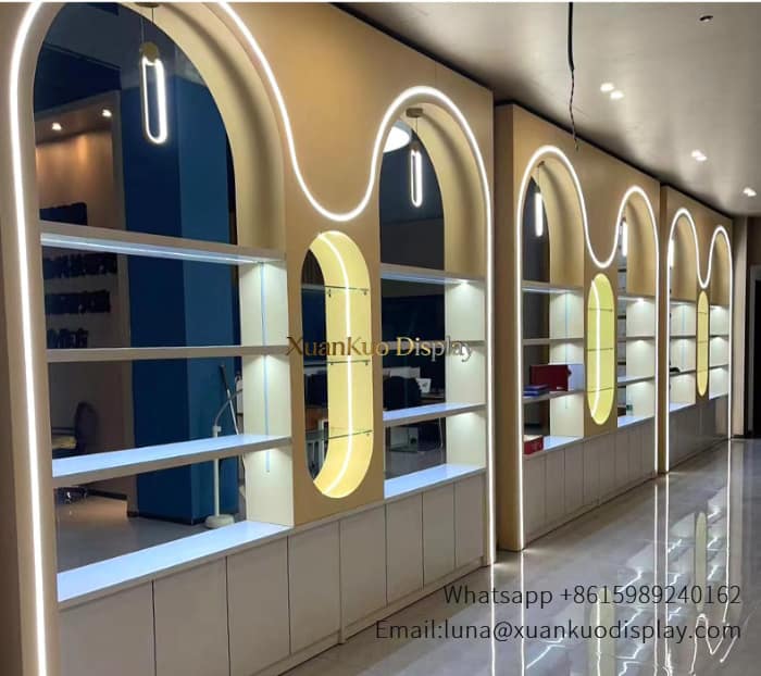 jewellery shop interior design Vietnam shop display racks glass shelves storage cabinets beauty salon wall unit