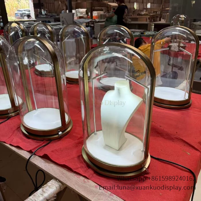 glass dome jewelry pedestal lockable arched gold frame glass cloche display stand with led light & necklace bust
