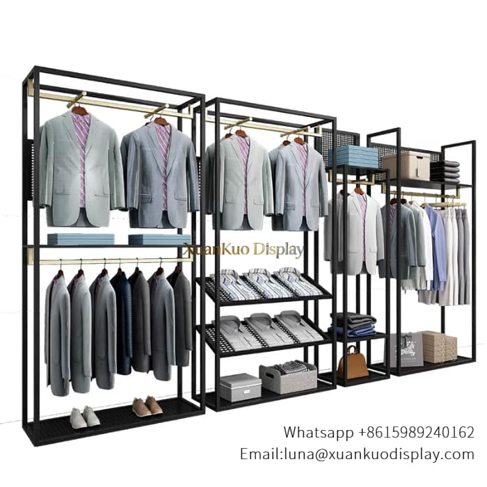 jewellery shop interior design Vietnam Custom retail display furniture modular metal garment display rack for men suit boutique
