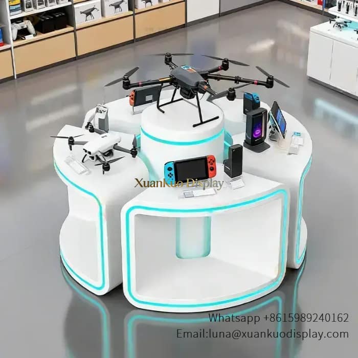 curved white led electronics display counter drone game console central showcase tech store