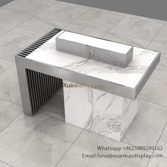 custom marble stainless steel perfume showcase slatted metal side led top fragrance display counter