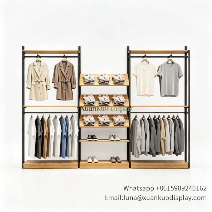 garment display rack metal wood clothing hanging stand