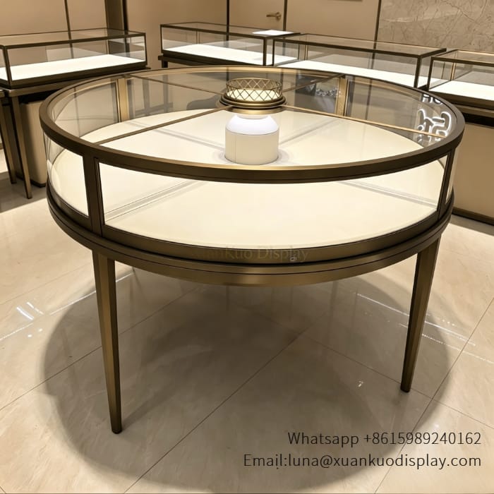Round Jewelry Display Counter Gold Frame Glass Showcase With LED Light