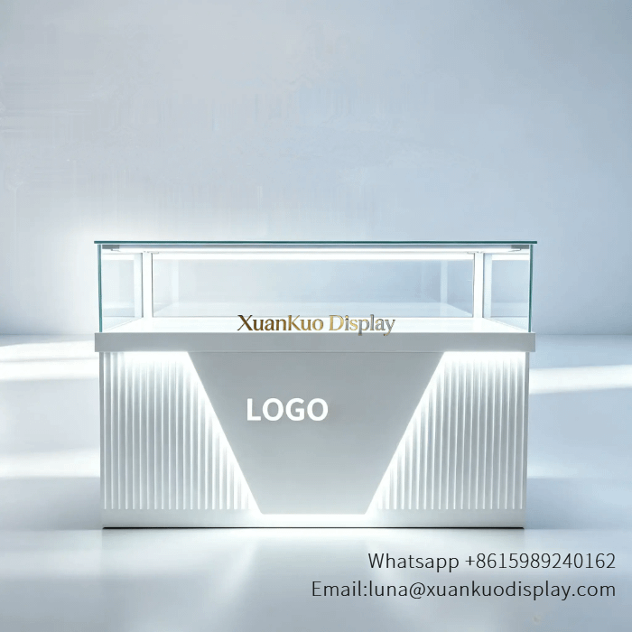jewellery shop interior design Vietnam modern white cell phone display showcase with front led light logo emboss glass top counter