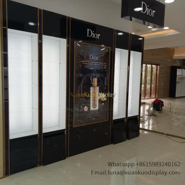 skincare display case wood cabinet with screens