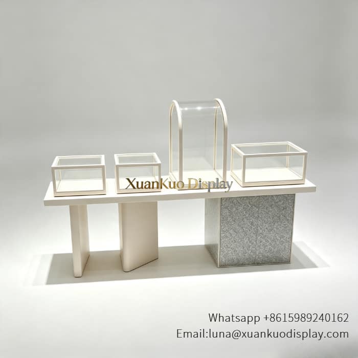 glass jewellery display cabinets Tabletop display stand for rings and necklaces, made for high-end jewellery boutique counters.