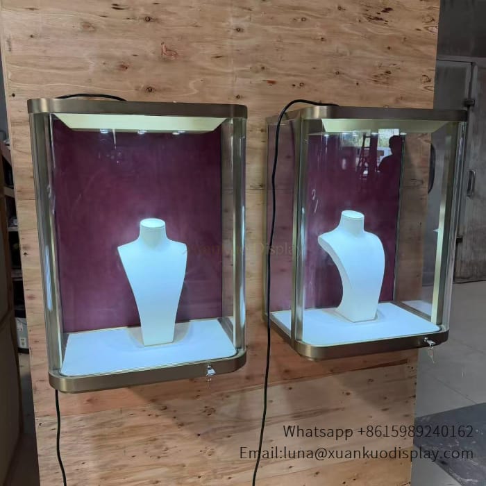 wall mounted jewelry showcase curved glass led light