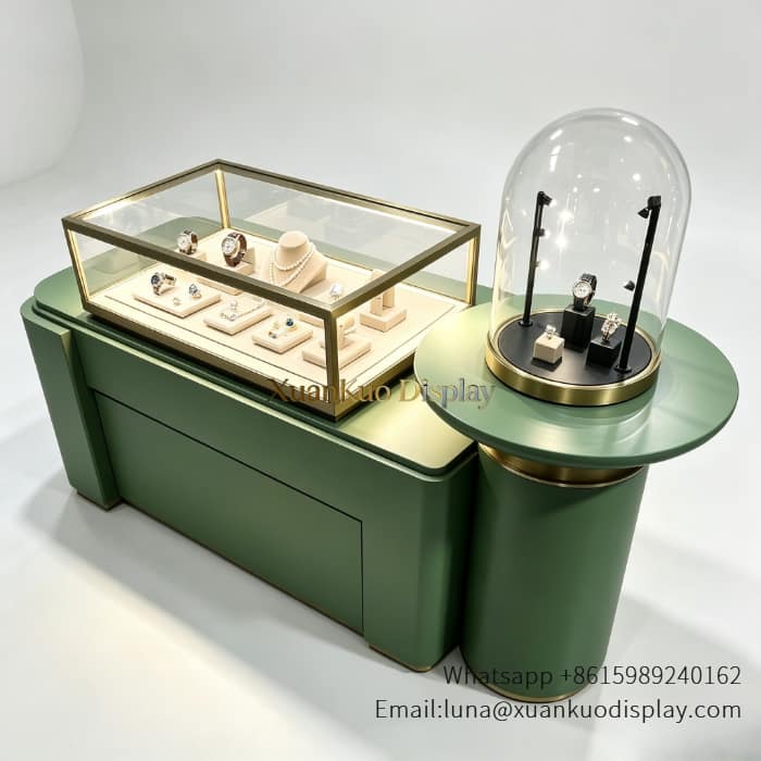 jewellery shop interior design Vietnam custom sage green jewelry retail showcase with glass dome bell jar for high end jewelry store