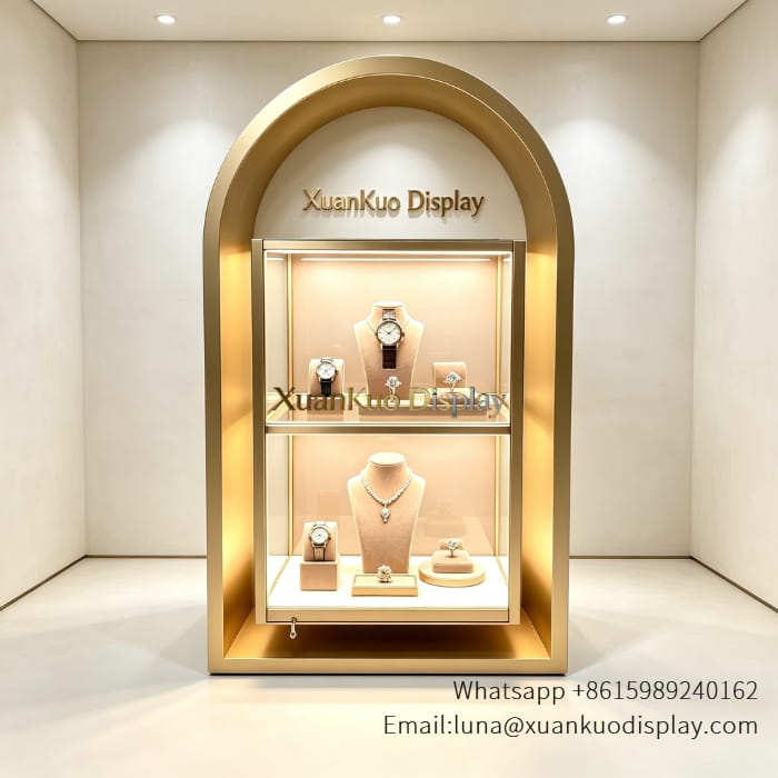 jewellery shop interior design Vietnam gold arched wall mounted jewelry showcase tempered glass lockable cabinet for watch and necklace retail display