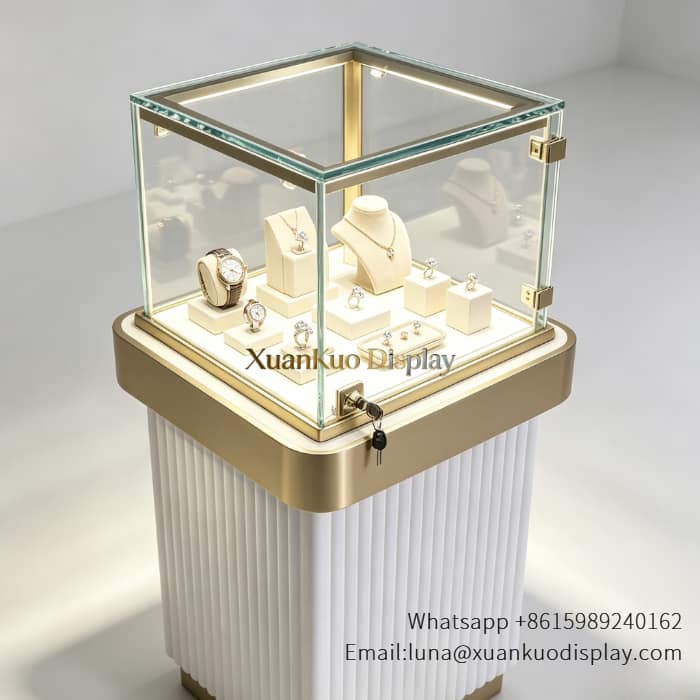 Lockable tempered glass tower with led light for jewelry boutique