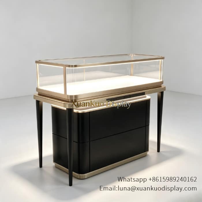 Luxury retail jewelry showcase with sturdy metal frame, curved tempered glass top, warm LED strip lights and bottom storage cabinet, custom finish available.