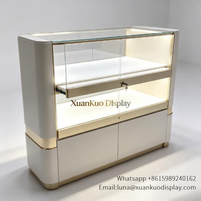 Luxury illuminated glass jewelry showcase with lockable glass compartments, custom finish available for jewelry boutique store
