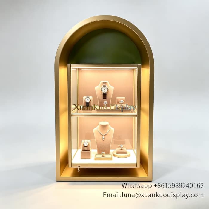wall mounted jewelry showcase arched gold frame with built-in led light for luxury jewelry boutique