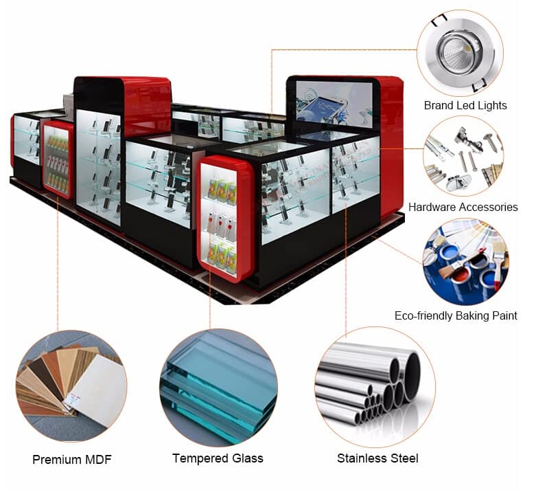 Jewelry 20260503 Custom red black jewelry mall kiosk display counter with LED light, made of MDF, tempered glass, stainless steel, eco paint and hardware accessories, retail jewelry showcase for shopping mall
